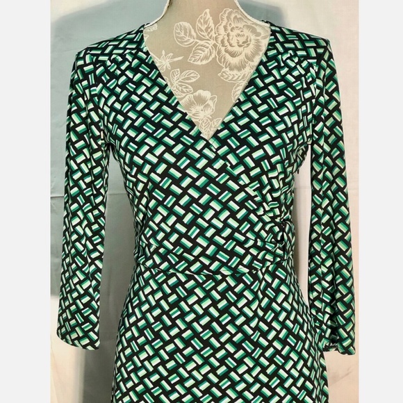 Ann Taylor LOFT Green Black Weave Print Knit 3/4 Sleeve Casual Poly Knit Dress~0 - Picture 9 of 12